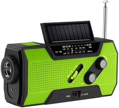green and black emergency radio.  It has AM/FM/weather with lights. and alarm.  It can flash SOS.  It uses batteries, hand crank, solar, or USB cable to charge making it a great little emergency radio.