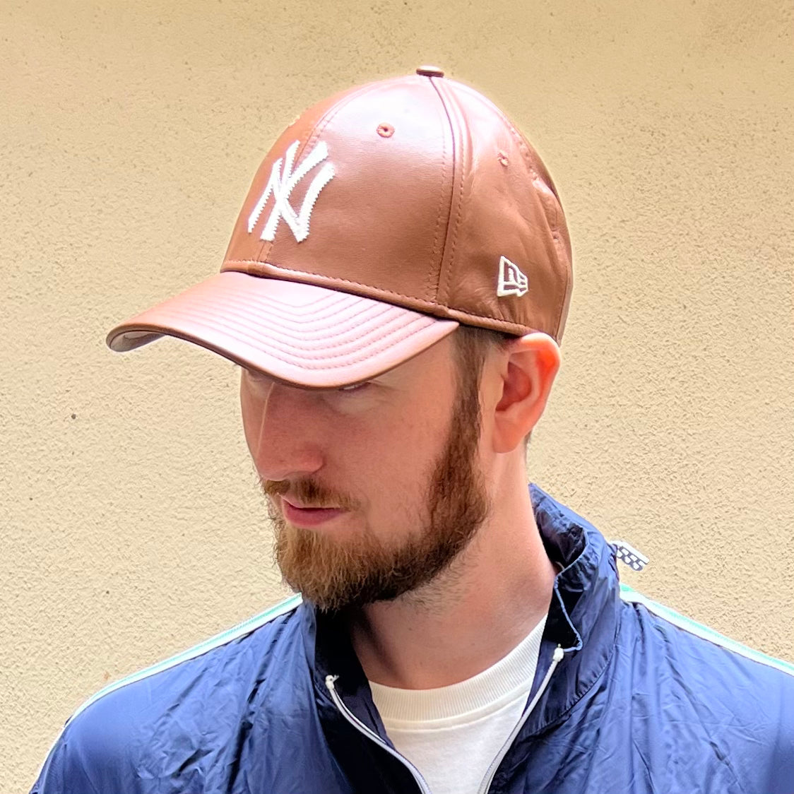 image of New Era Medium Beige New York Yankees Logo Cognac Leather Adjustable Cap