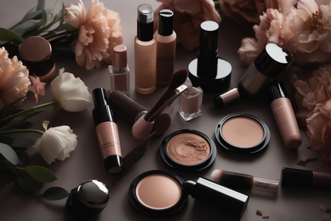 products of makeup on a table with flowers, in the style of muted earth tones, monochromatic hues, dark & explosive, light beige, uhd image, non-representational, aerial view