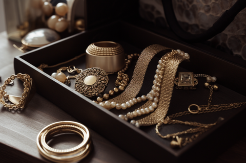 jewelry case with gold chains and jewelry on top, in the style of vintage-influenced still lifes, dark gold and light gold, varied textures, light white and dark gold, rich and immersive