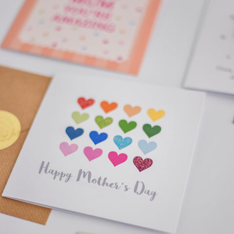 Mother's Day Card with a grid of rainbow coloured hearts