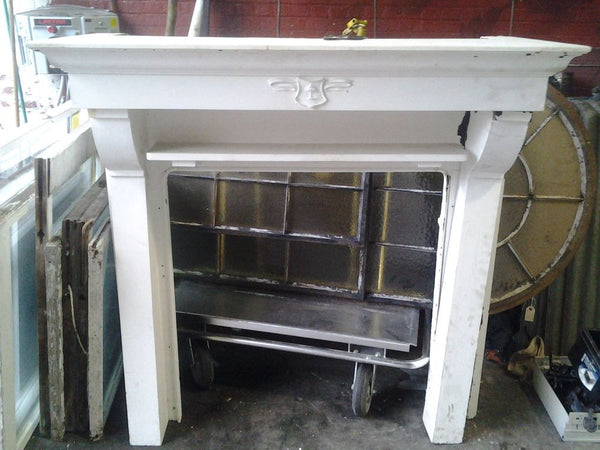 Antique Fireplace Mantel with Squared Column - Black Dog Salvage Painted Antique White Wood Fireplace Mantel with Squared Columns and Decorative Tree Plaque in Center salvaged from the circa 1850 Zinc Mine Master