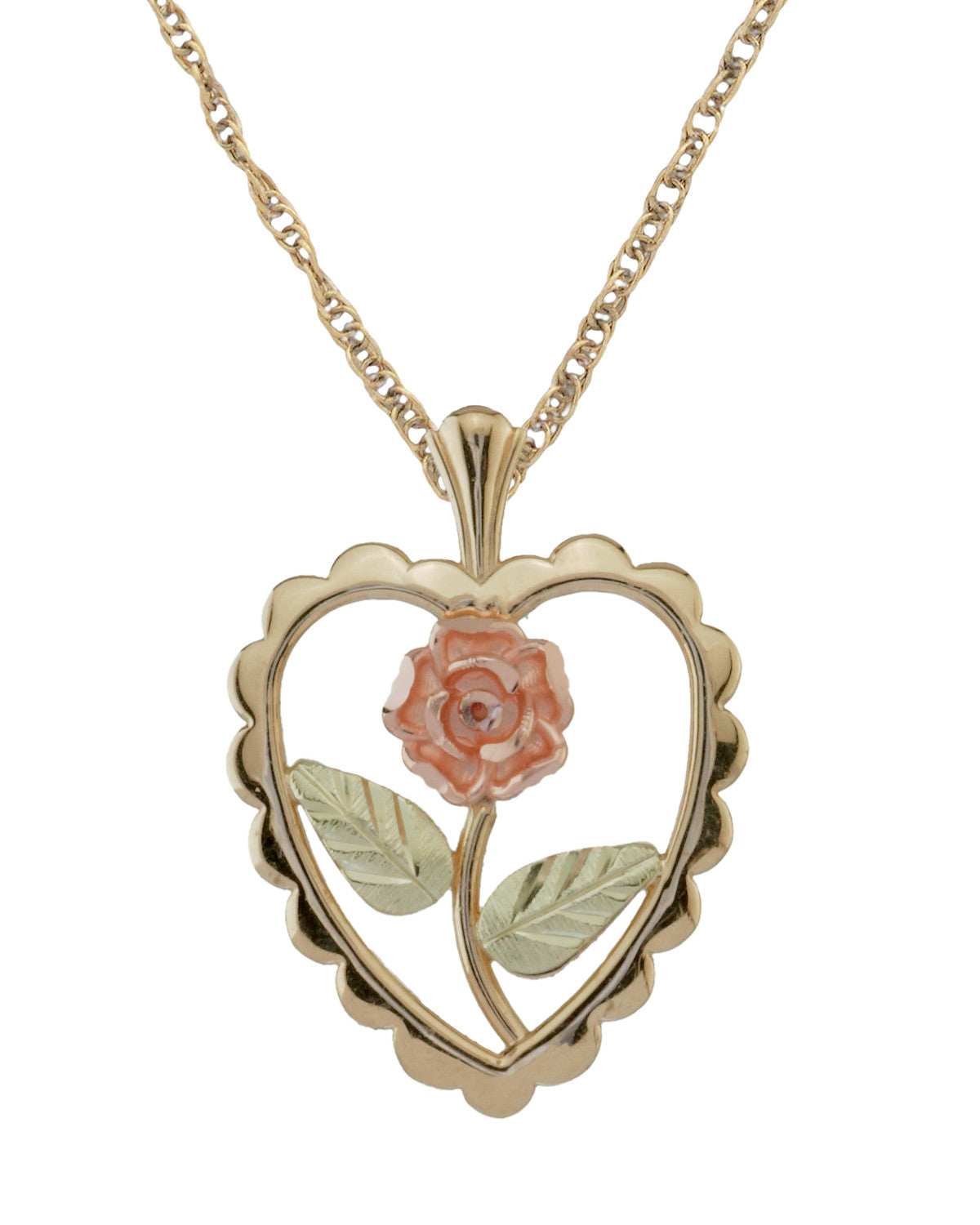  Black Hills Gold 10K Scalloped Heart and Rose Pendant 