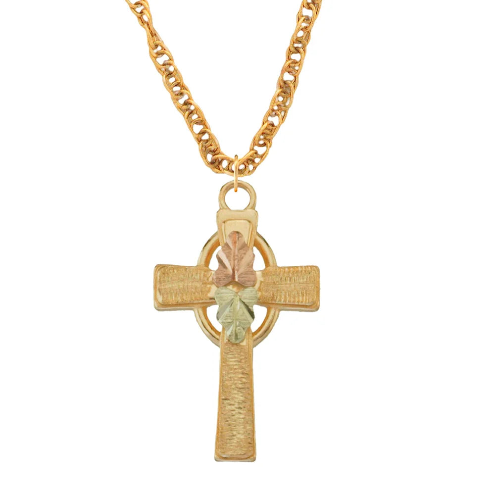  Black Hills Gold 10K Gold Cross with 12K Rose & Green Leaves 