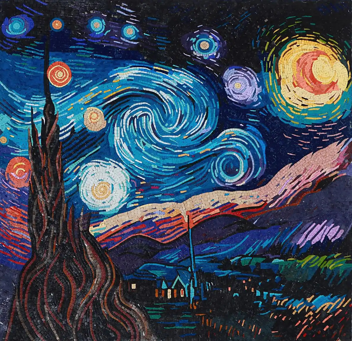 Starry Night Reproduction: Handcrafted Landscape Mosaic Wall Art