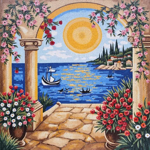 Classic Mediterranean Seascape Premium  Tile Art Stone Mosaic Art