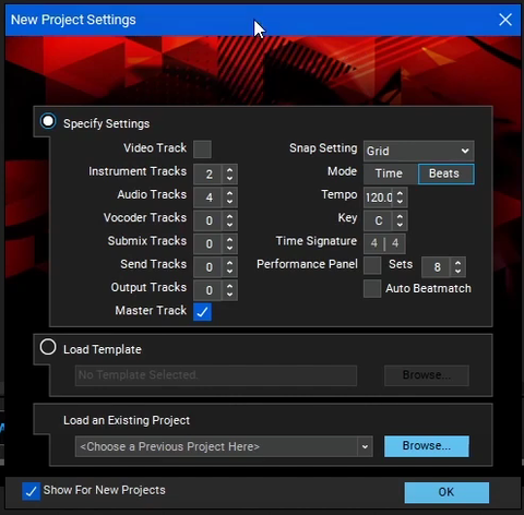 New Project Settings on Mixcraft