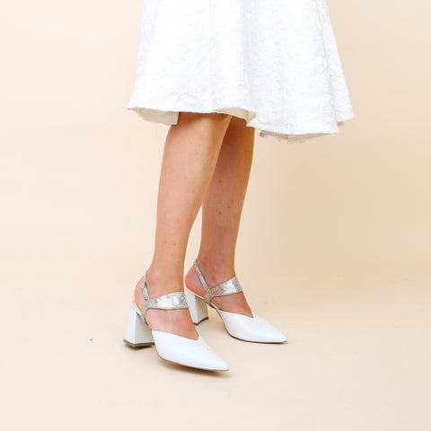 White Knee Length Dress with White V Mule and Metallic Broken Mirror Elsie | Alterre Shoes | Female Founded | Minority Owned