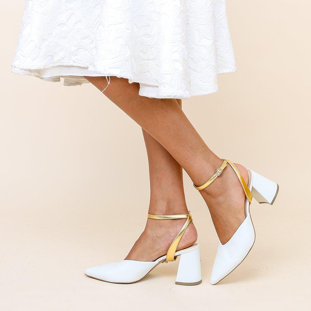 White V Mule + Gold Marilyn Strap