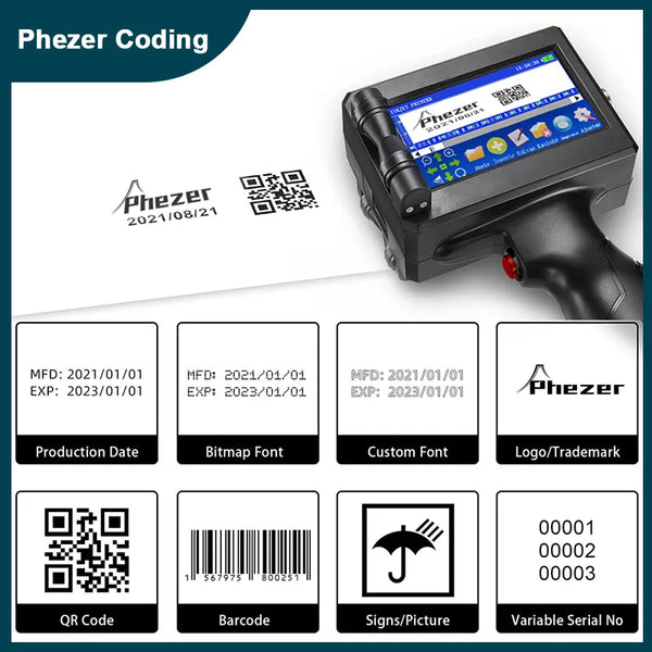 Phezer 12.7/25.4mm Label Printer Handheld Inkjet Portable Printer Machine