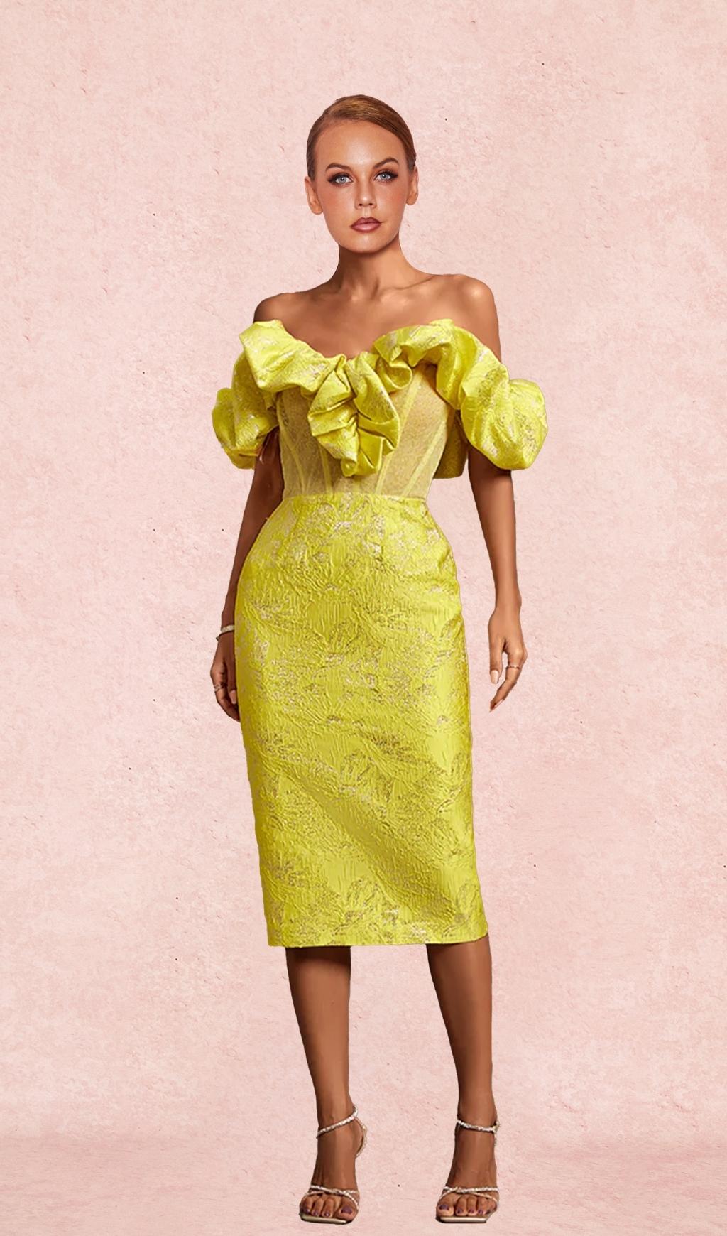YELLOW OFF SHOULDER PLEATED MIDI BODYCON DRESS - Image 3