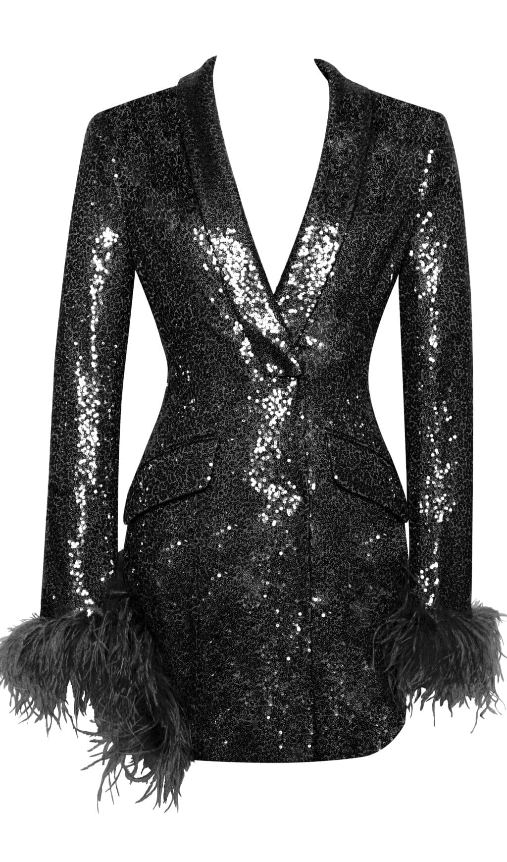 BLACK SEQUIN FEATHER TRIM BLAZER DRESS - Image 7