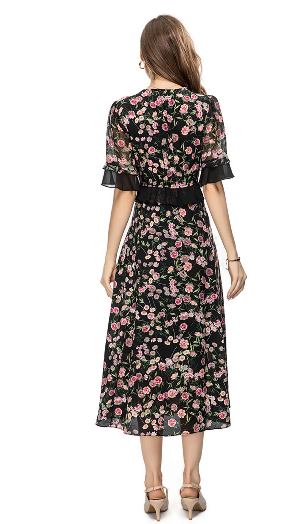 FLORAL PRINT RUFFLE MIDI DRESS IN MULTI-COLOR - Image 4