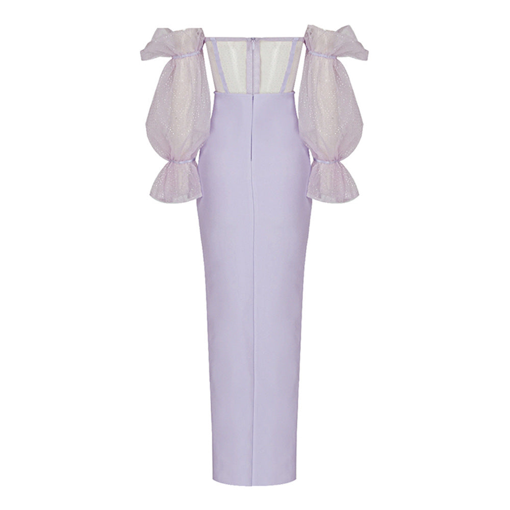 OFF SHOULDER SLIT MIDI DRESS IN PURPLE - Image 6