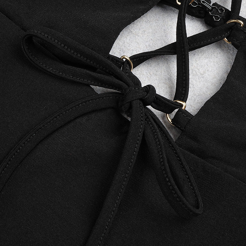LONG SLEEVE HOLLOW LACE UP MINI DRESS - Image 4