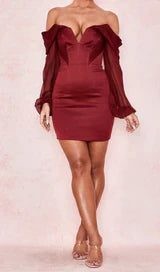 SATIN STRAPLESS MINI DRESS IN WINE RED - Image 4