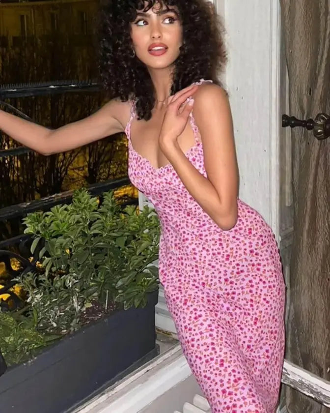 Ruffle Floral Print Sleeveless Backless Slip Draped Midi Dress - Image 2