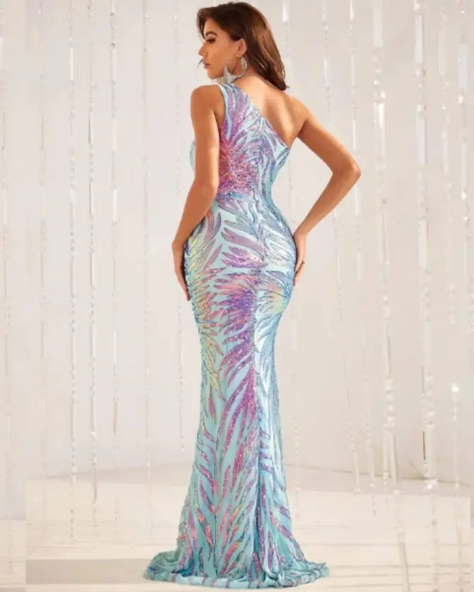 One Shoulder Holographic Sequin Evening Dress - Image 2