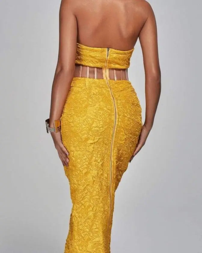Yellow Strapless Elegant Midi Dress - Image 5