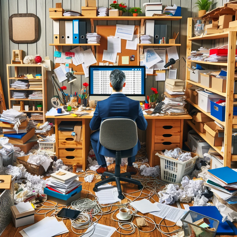 a man in a blue suite is working in a very messy office 