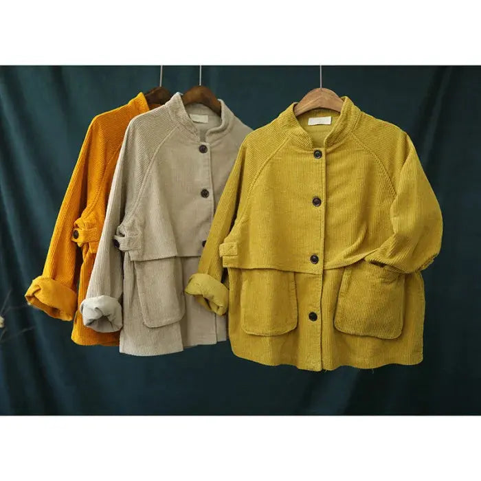 Short Stand Collar Long Sleeve Corduroy Jacket Aiophie's Aio - Fashion