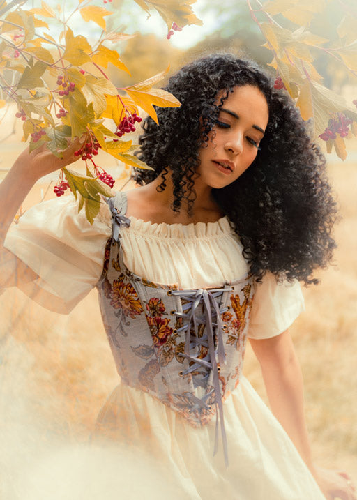 Grey Renaissance bodice with floral patterns