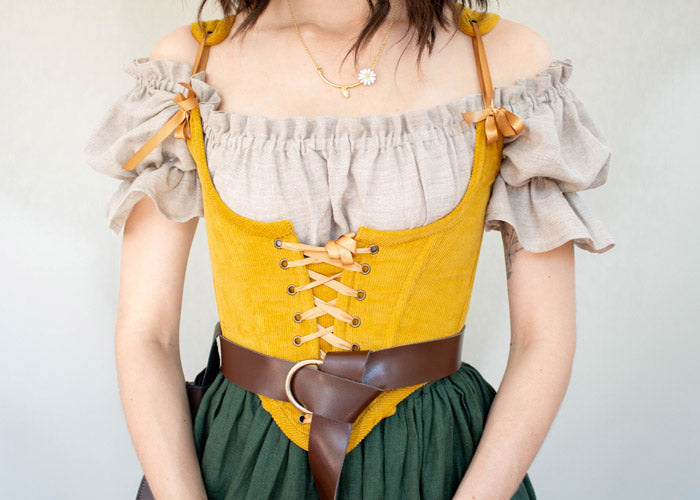 yellow corduroy underbust type of corset