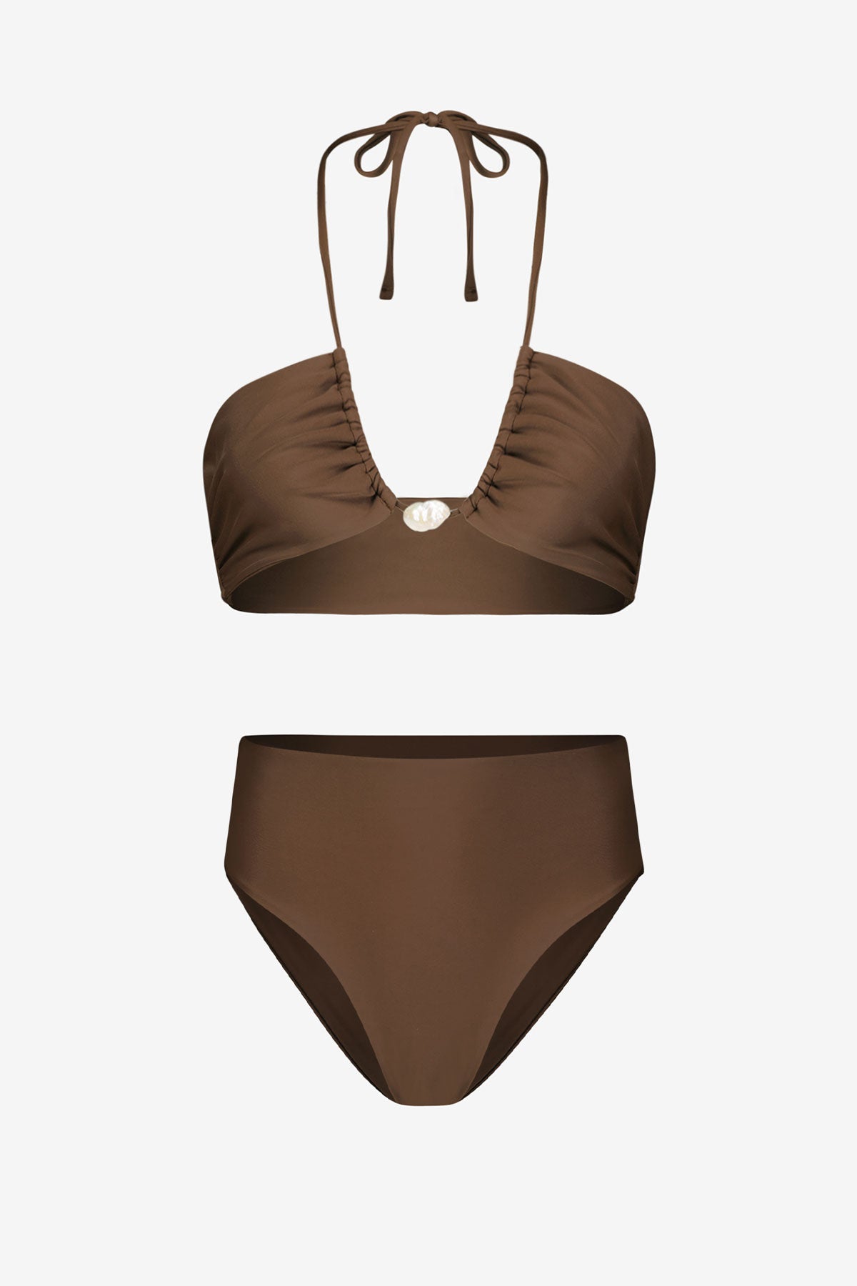 Bahia Bikini with Pearl & High-Waisted Bottom in Brown