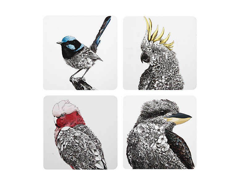 Marini Ferlazzo Birds of Australia Cork Back Coaster 10.5cm Set of 4 Assorted Gift Boxed