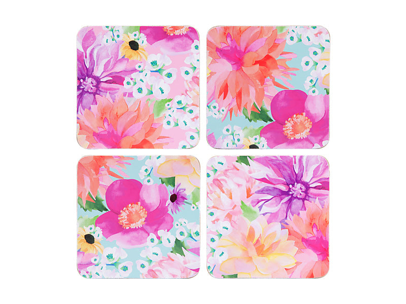 Teas & C's Dahlia Daze Cork Back Coaster Set of 4 10.5cm Assorted Gift Boxed