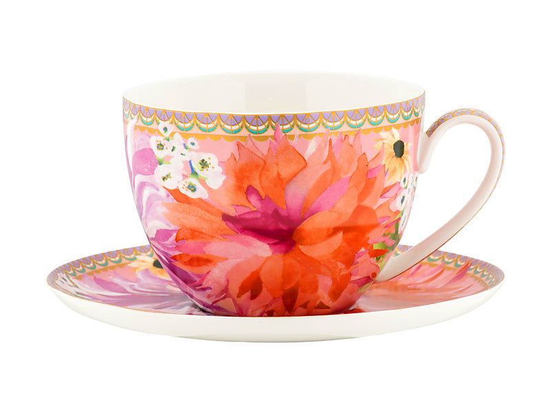 Teas & C's Dahlia Daze Breakfast Cup & Saucer 400ML Pink Gift Boxed