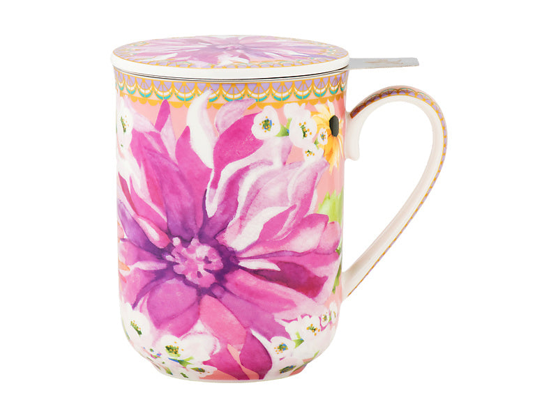Teas & C's Dahlia Daze Lidded Mug With Infuser 340ML Pink Gift Boxed