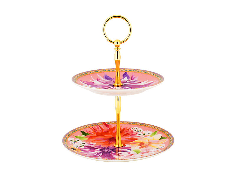 Teas & C's Dahlia Daze 2 Tiered Cake Stand Pink Gift Boxed
