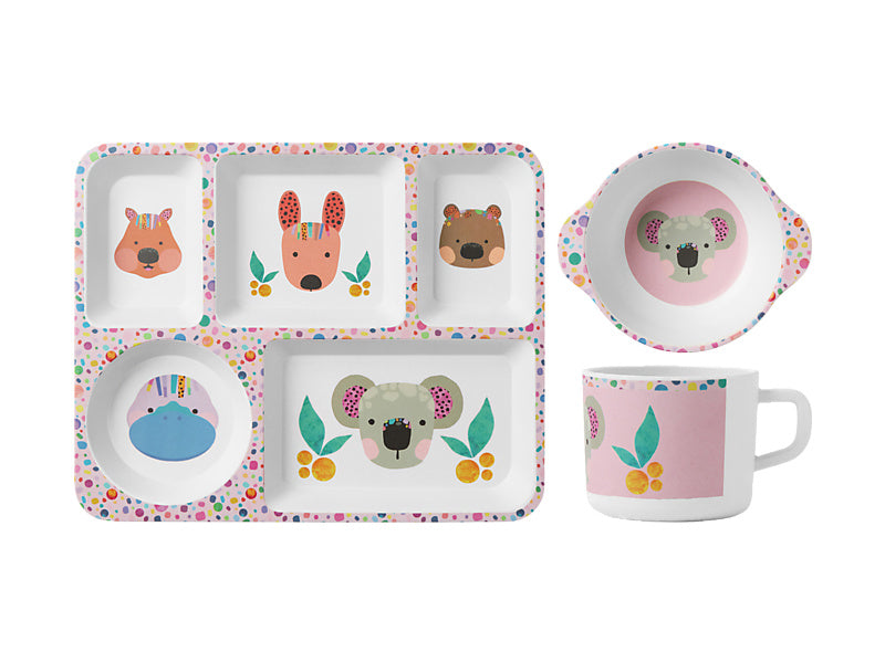 Kasey Rainbow Critters Children's Melamine 3pc Dinner Set Pink Gift Boxed