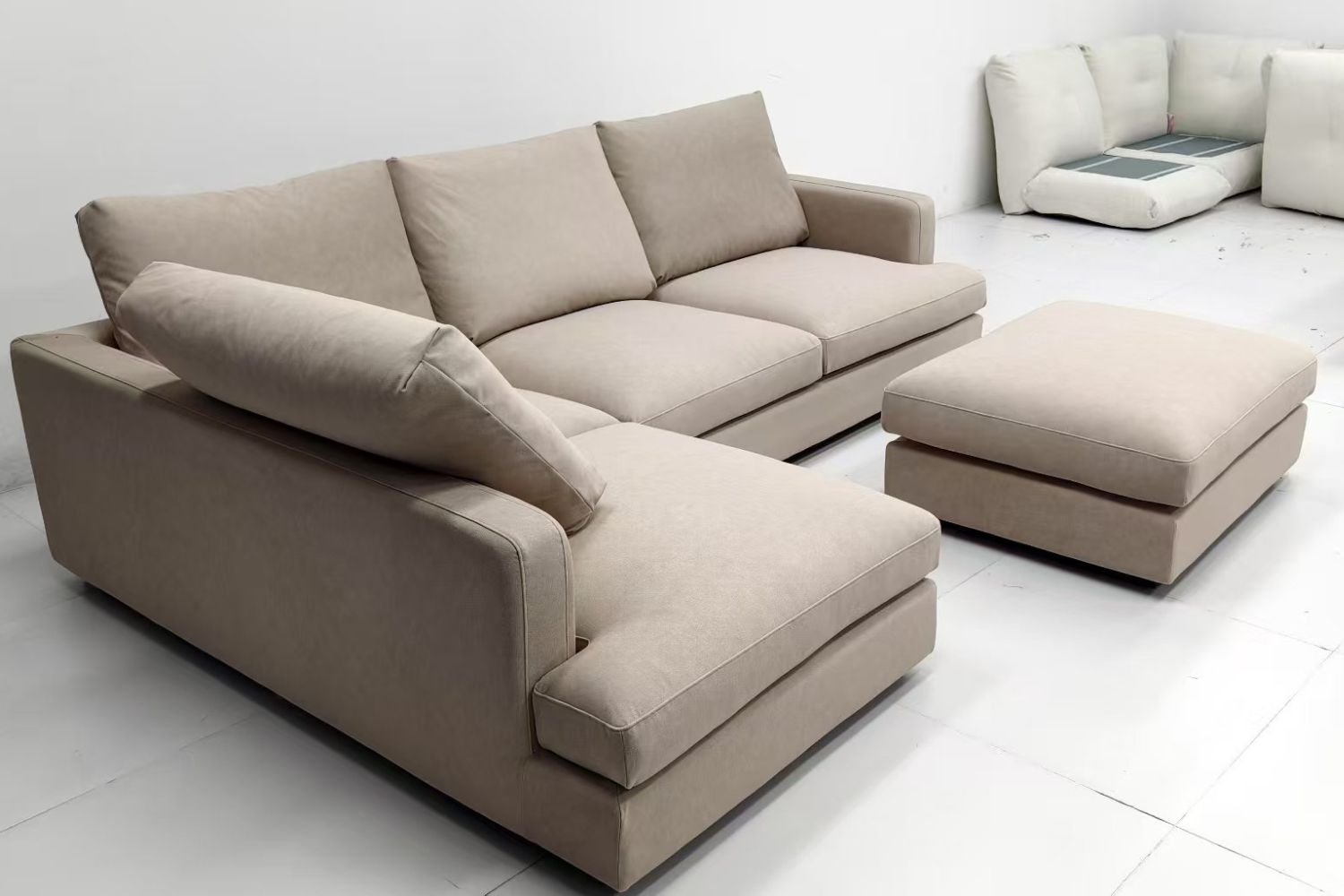 Crescent 4 seater brown pet friendly fabric L shape sectional sofa with ottoman