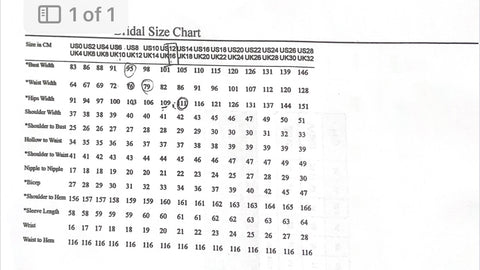 wedding dress size chart