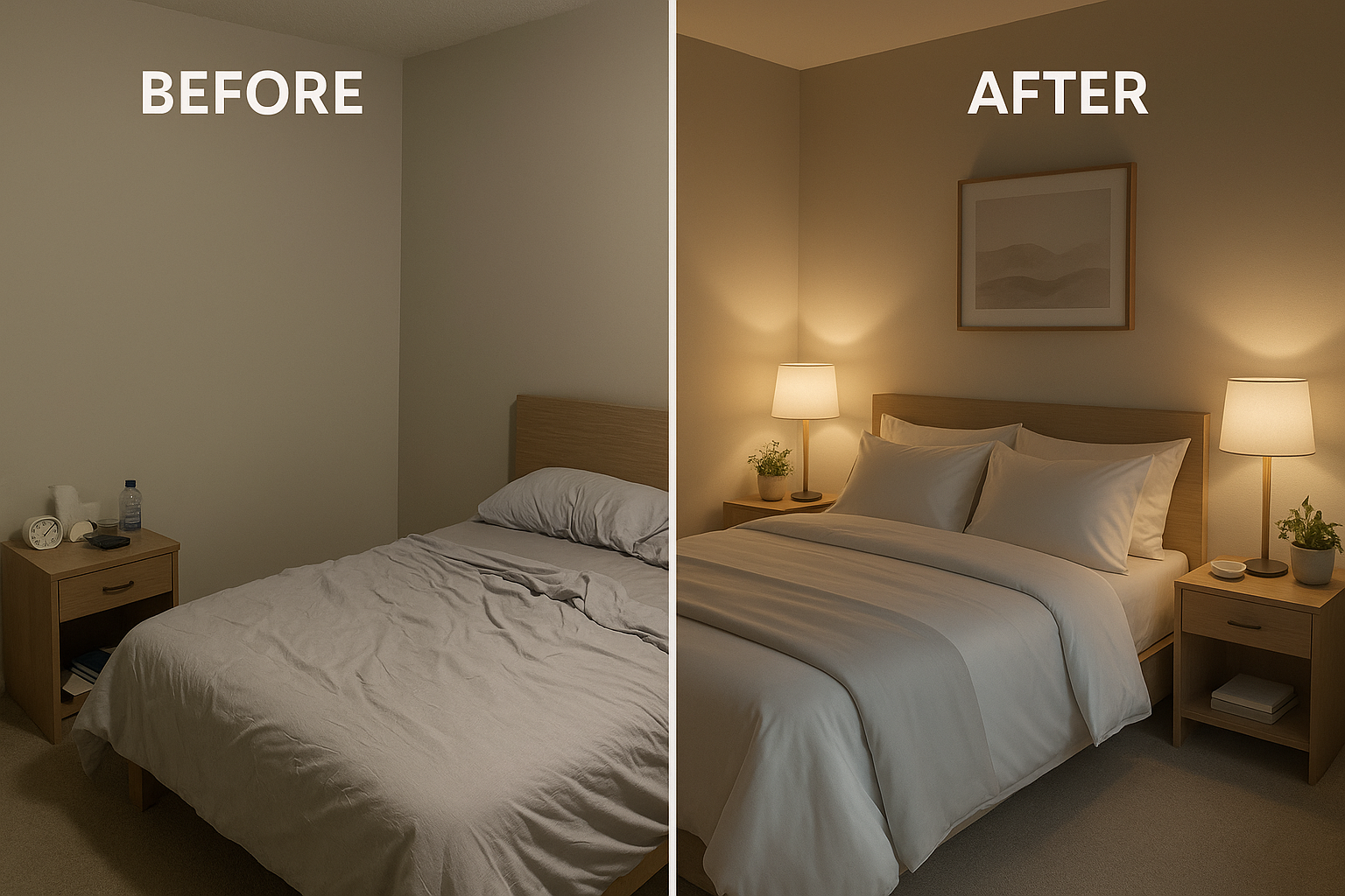 Dramatic bedroom transformation showing upgrade to luxury bamboo bed sheets for better sleep environment