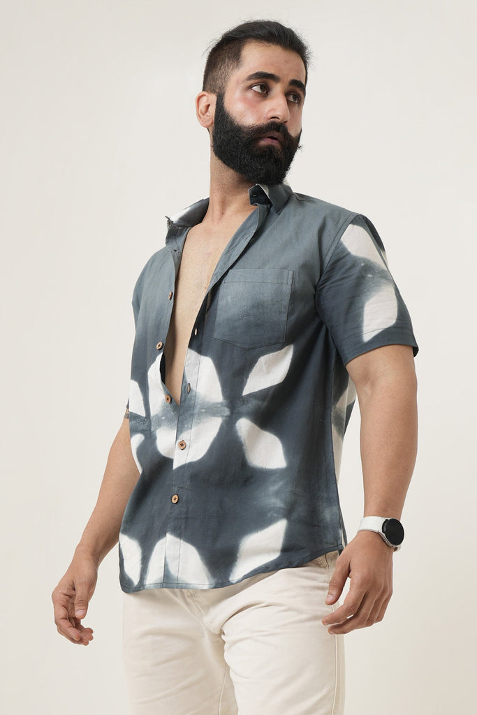 Grey Tie Dye Flower Handmade Half Sleeves Cotton Shirt | Style Matters