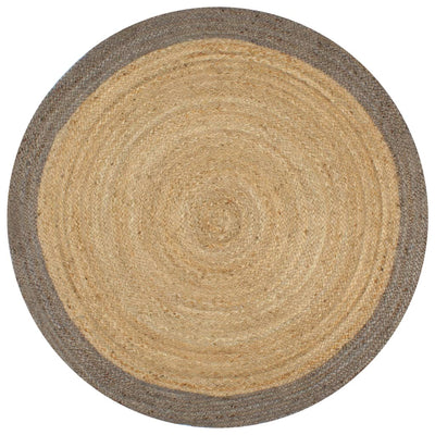 Käsintehty pyöreä juuttimatto harmaalla reunalla 120 cm