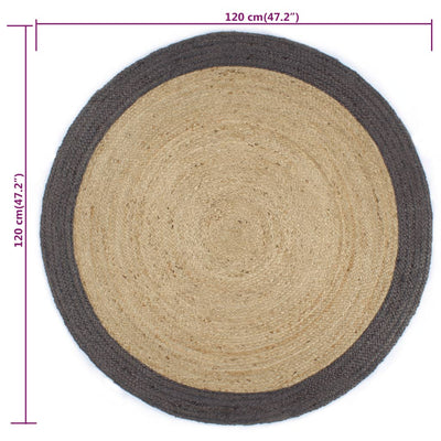 Käsintehty pyöreä juuttimatto tummanharmaalla reunalla 120 cm