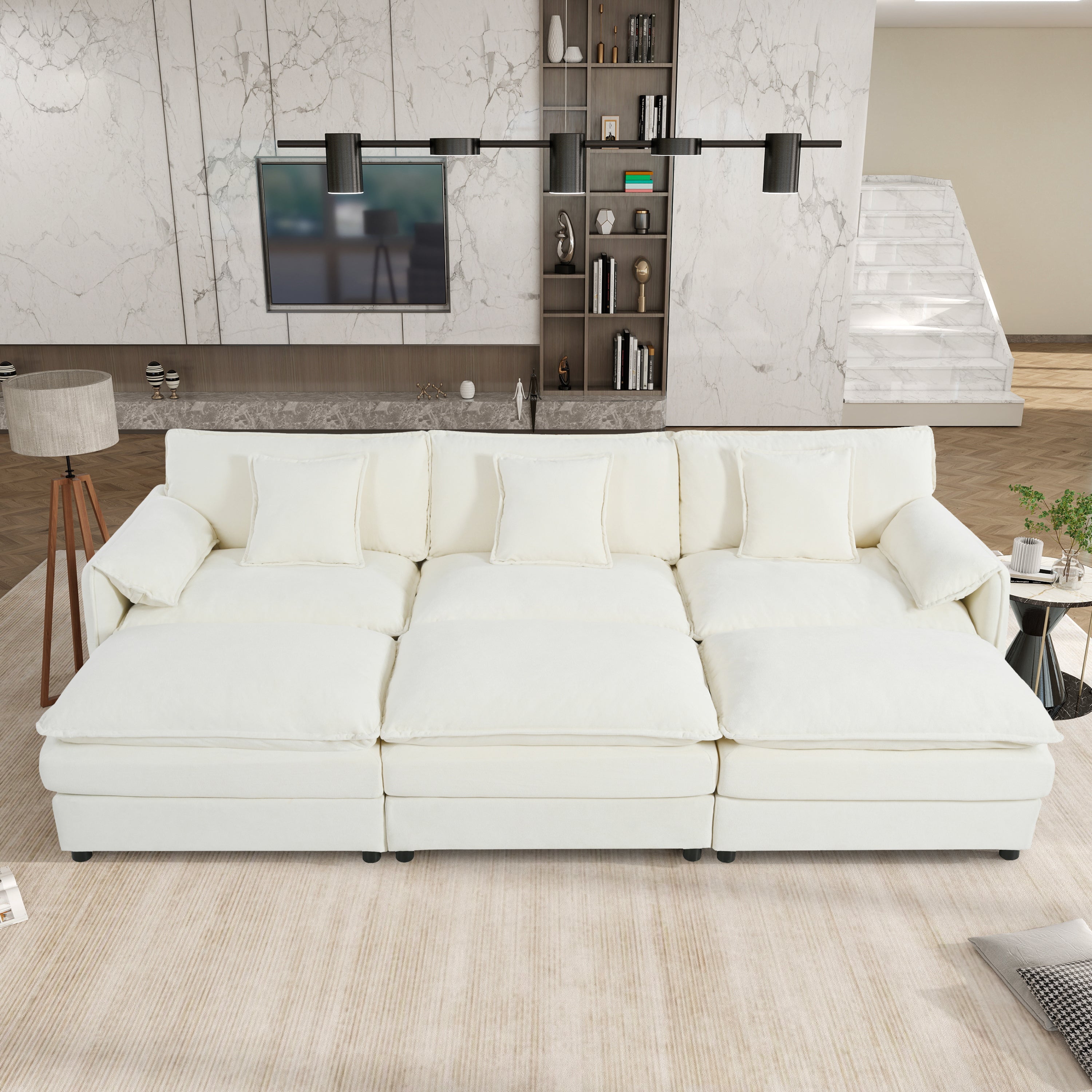Oversized Deep Seat Sectional Cloud Sofa Sleeper with 3 Ottomans & Soft Pillows, Modular Couch Bed for Living Room, Apartment, DIY Combination Chenille,Beige