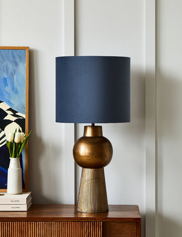 Bronze table lamp and navy blue shade