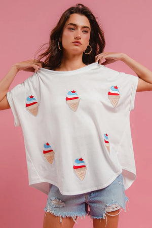 BiBi Solid Terry With Fourth Of July Theme Patched Top - Rosy Runway