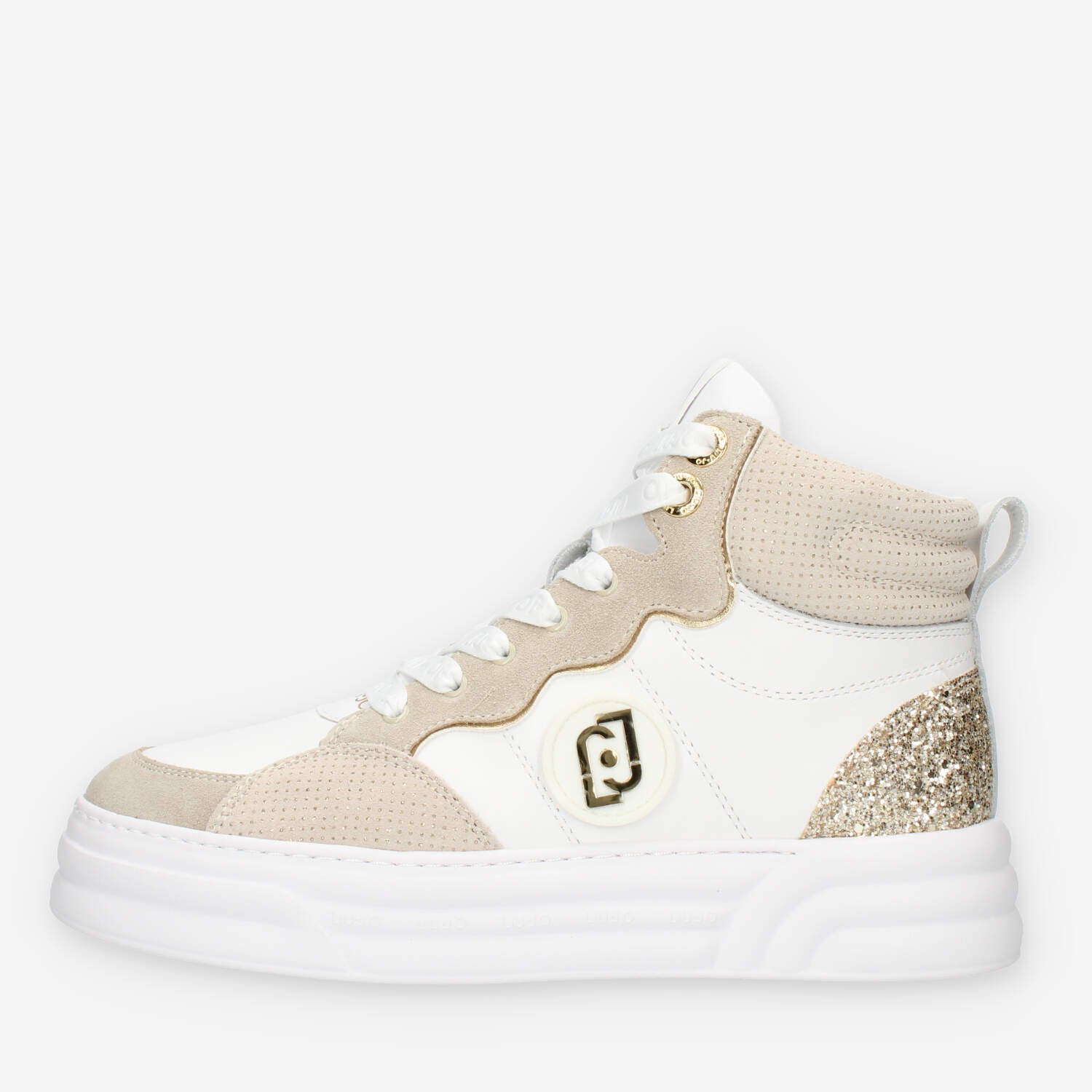 liu jo liujo cleo 07 mid sneakers alte bianche e beige con glitter, bianco, donna