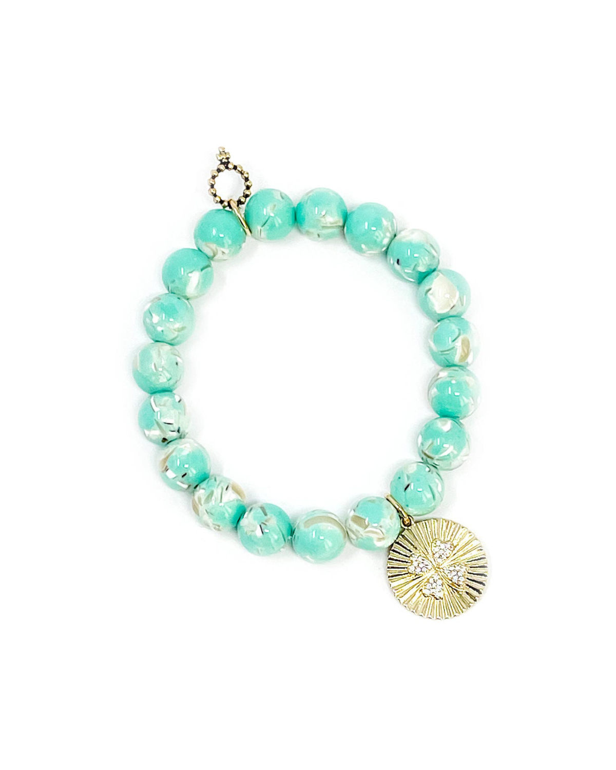 Powerbeads by Jen Pistachio Mosiac Agate with Gold Crystal Clover