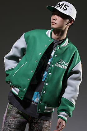 © SAINT M x x x x x x x x 2023SS SHERMER ACADEMY Collaboration varsity jacket Styling