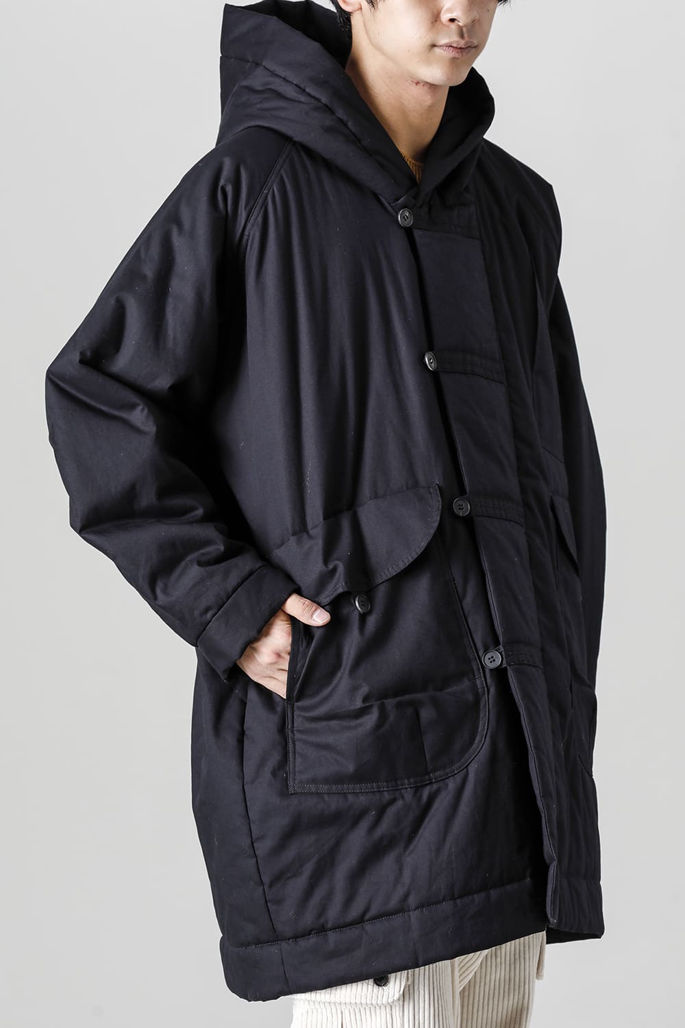 014CT1-Black | HOODED DUFFLE COAT Water-Repellent Padded Poplin