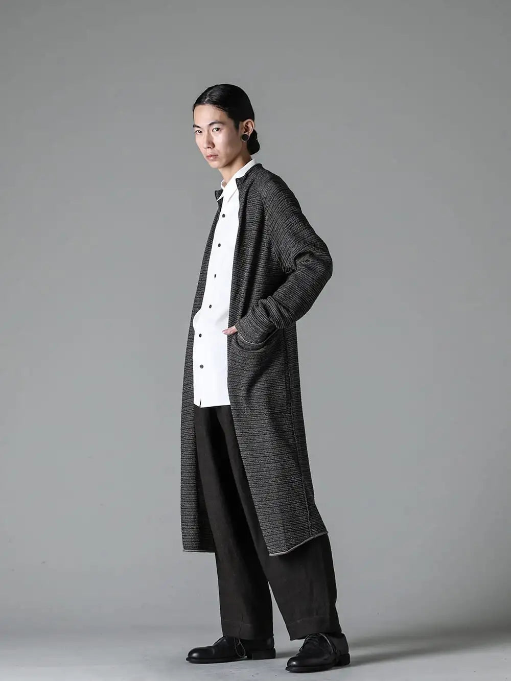 DEVOA 24SS - Various pants are scheduled to arrive - SKT-TCSL-Black-Knit Coat High Twist Cotton Stripe Black - SHE-SCCR-White-Shirt Loose Fit Cotton Linen White - 0M2330504-Front Pleated Half Drawstring Trousers - 992x-black-guidi-Classic Derby Shoes Lace Up Single Sole - Horse Full Grain - 992X Black 3-007