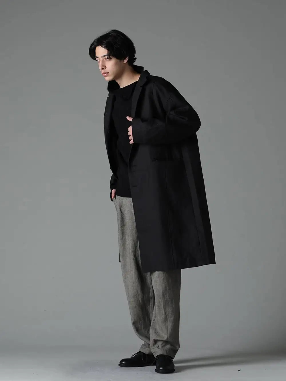 KLASICA 23-24AW STYLING - Infusing Modern Essence into Traditional Items - 23C-HCT-054-FIGS-GL Patch Worked Relax Fit Coat Glen Check FIGS - 23C-TRK-084-CAVE-BORO-Black Tech Destroyed Turtle Neck knit CAVE-BORO Black - UP032-TFD1 Tucked Loose Pants - 992x-black-guidi Classic Derby Shoes Laced Up Single Sole - Horse Full Grain - 992X Black 1-003