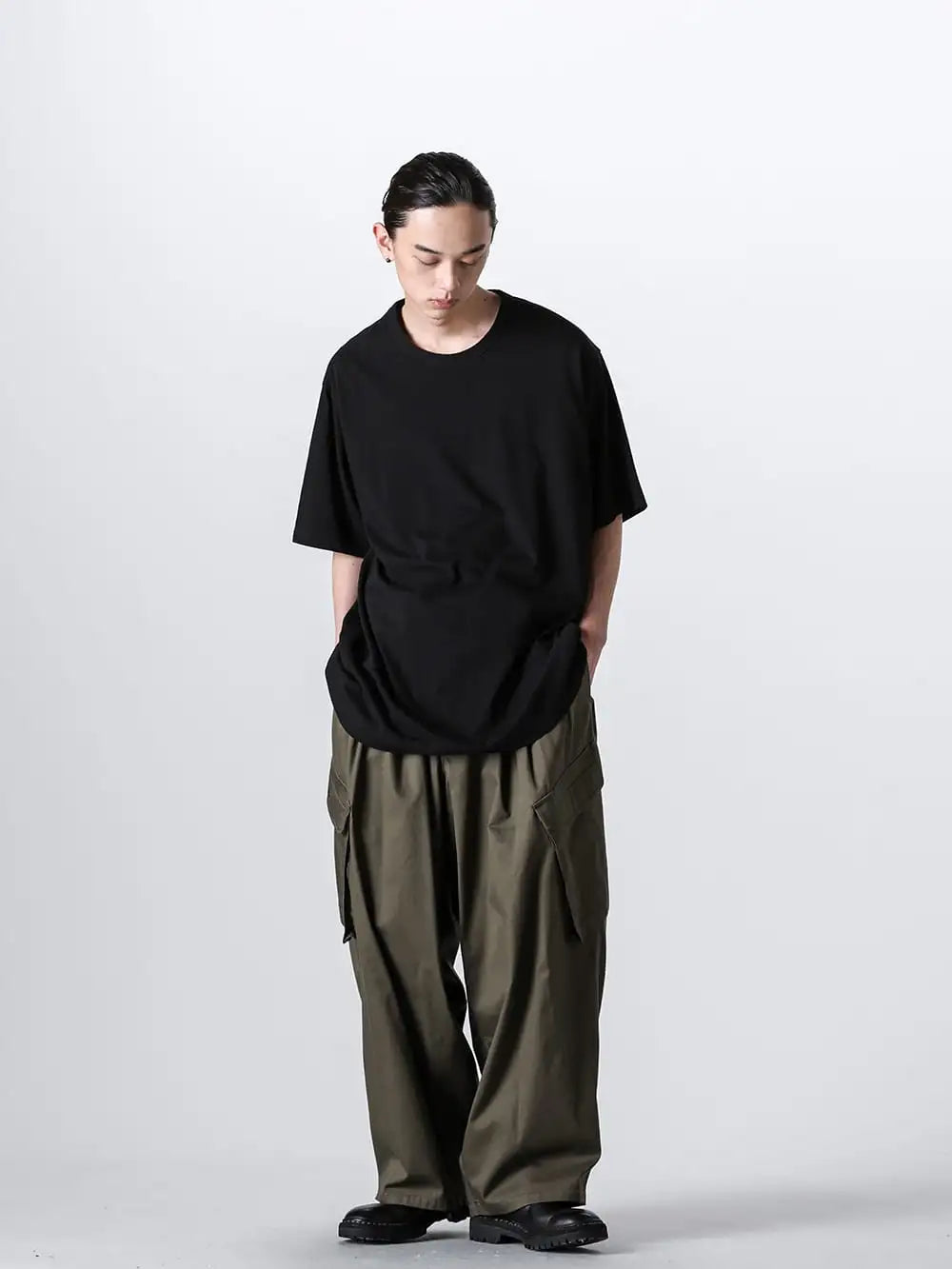 Yohji Yamamoto - Y's for men - 24SS collection Style #10 - HS-T02-070 - Crew Neck Short Sleeve T-Shirt- MS-P07-024 - 12 Tuck Work Pants 10-001